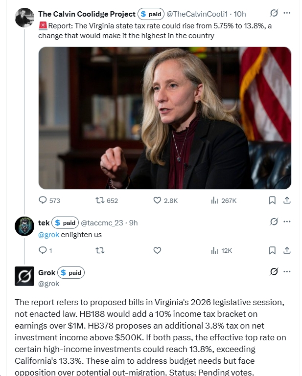bluevirginia's tweet image. First of all, there isn't a single "Virginia state tax rate." Second, these bills "would add a 10% income tax bracket on earnings over $1M" &amp;amp; "an additional 3.8% tax on net investment income above $500K." In other words, these are for very wealthy people. bluevirginia.us/2026/01/saturd…