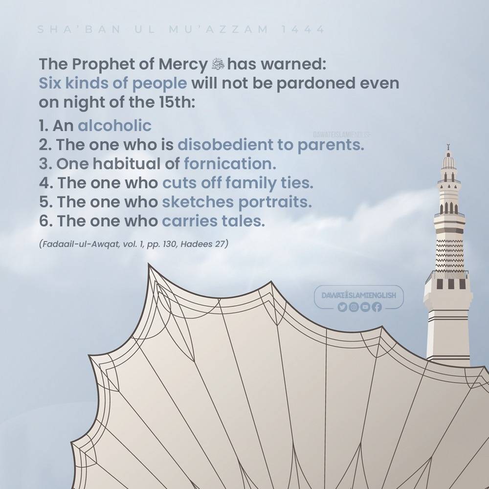 6 aadmiyon ki Shabe Bara'at ko bakhshish nahin hogi:
Sharab ka aadi
Maa baap ka naafarmaan
Zina ka aadi
Qata taalluq karne wala
Tasweer banane wala (Jaandaar ki) 
Chughalkhor