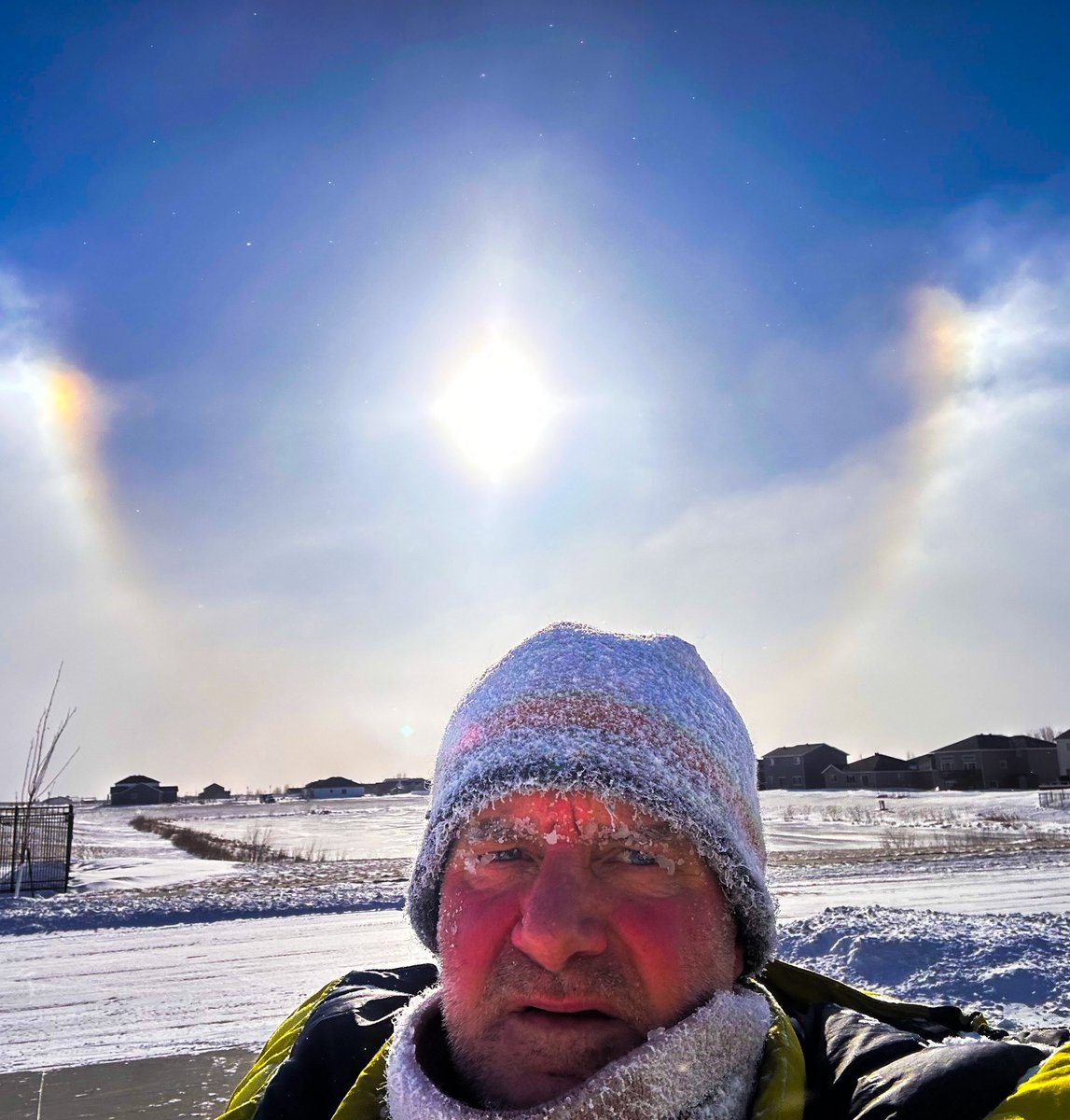 prairieguy2016's tweet photo. Saturday Selfie! A cold, old dawg with a couple of bright, colorful sundogs on a chilly, winter prairie day. https://t.co/70VYxOdU4e #sundogs #winter #northdakota #wandering #prairie #cold https://t.co/gG20QvPGcJ