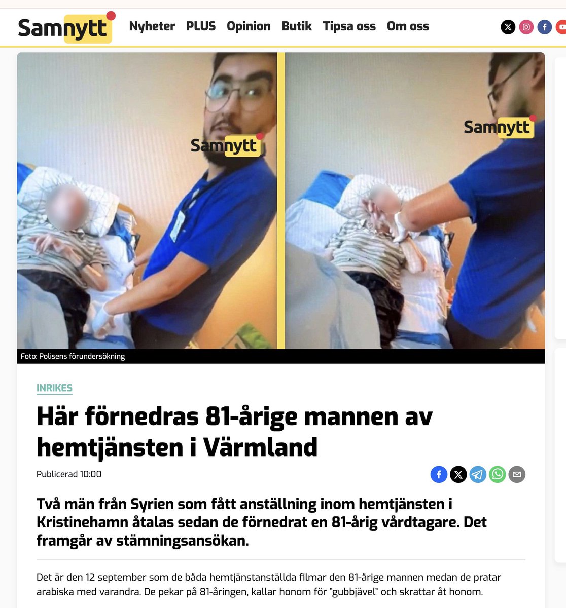 Mohammad och Ghazi från Syrien filmar och förnedrar en 81-årig man i Värmland. 
Skicka ut kräken tillbaka till Syrien. De har inget i Sverige att göra och borde släppas från hög höjd tillbaka till sitt havererade land. Tänk er att vara en försvarslös gamling i händerna på de här.
