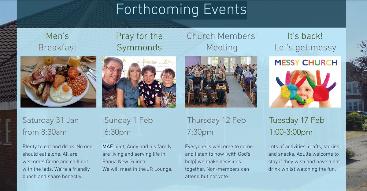 Lots coming up this month. 
Men's breakfast 🍳next Saturday, 
Pray with us for our #MAF 🛩️ family
decisions 🤔to make at our membership meeting,
and then FUN🧃🤸🍪🥳 at Messy Church!
meredithroadbaptist.uk