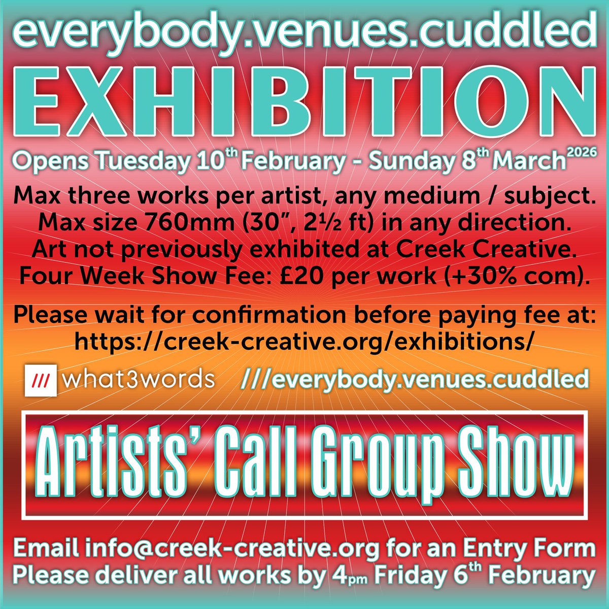 creek_creative's tweet image. Artists #GetDiscovered in #OpenShow entitled ///everybody.venues.cuddled = #what3words location. Max 3 works each: any medium/subject not exhibited at #CreekCreative before. Max size 760mm (30"). Fee £20 per work (+30% com). Deadline 4pm 6th February. #GroupShow 4 weeks Tue 10th