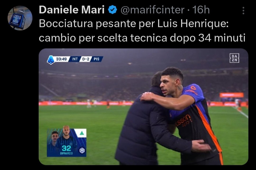 LucaCianca5's tweet photo. Come dichiarato da #Chivu - e mistificato dalla #disinformazione dei #media_populisti a capo degli #intertristi dell'#InterX -, anche in #InterPisa #LuisHenrique non ha fornito una prova negativa, ed è stato sostituito soltanto perché meno offensivo di #Dimarco e #CarlosAugusto. https://t.co/qsEUfidPMB