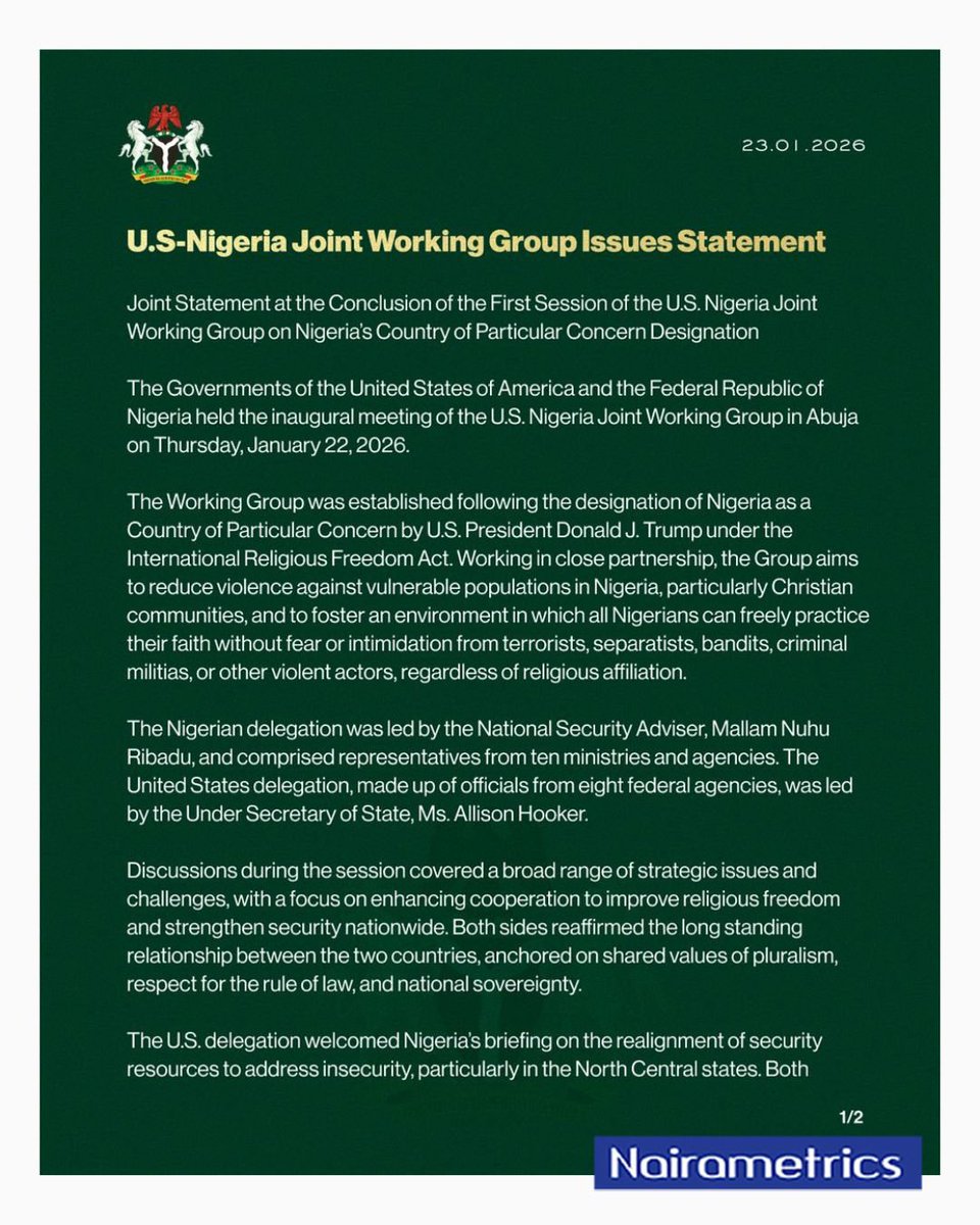 Nairametrics's tweet photo. JUST IN: U.S-Nigeria Joint Working Group Issues official Statement. https://t.co/89AUKPXXmc