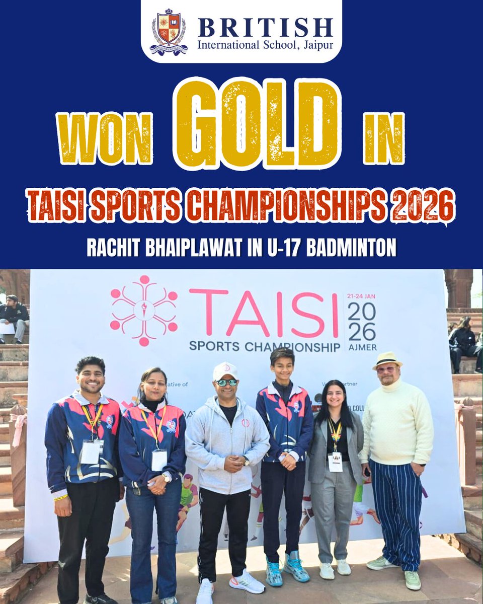 bisjaipur's tweet photo. TAISI 2026 Gold Rush! 🥇🏸
Rachit Bhaiplawat's path:
🔹 R1: Modern High Intl, Kolkata
🔹 QF: Mayo College, Ajmer
🔹 SF: Heritage Intl, Gurugram
🔹 F: Mayo College (Home win!)
U-17 Gold with grit! 💙
#TAISI2026 #BadmintonChamp #BISJaipurPride https://t.co/oJxQdrL3hS