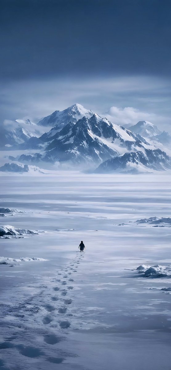 DhullTweets's tweet photo. Choosing your own instincts beyond what seems logical to the sane and the courage needed for this leap of faith is all to live for. 
That's my take on the penguine happily choosing to chase the mountains leaving behind his colony and feeding grounds. https://t.co/0YJ2xwzK1D