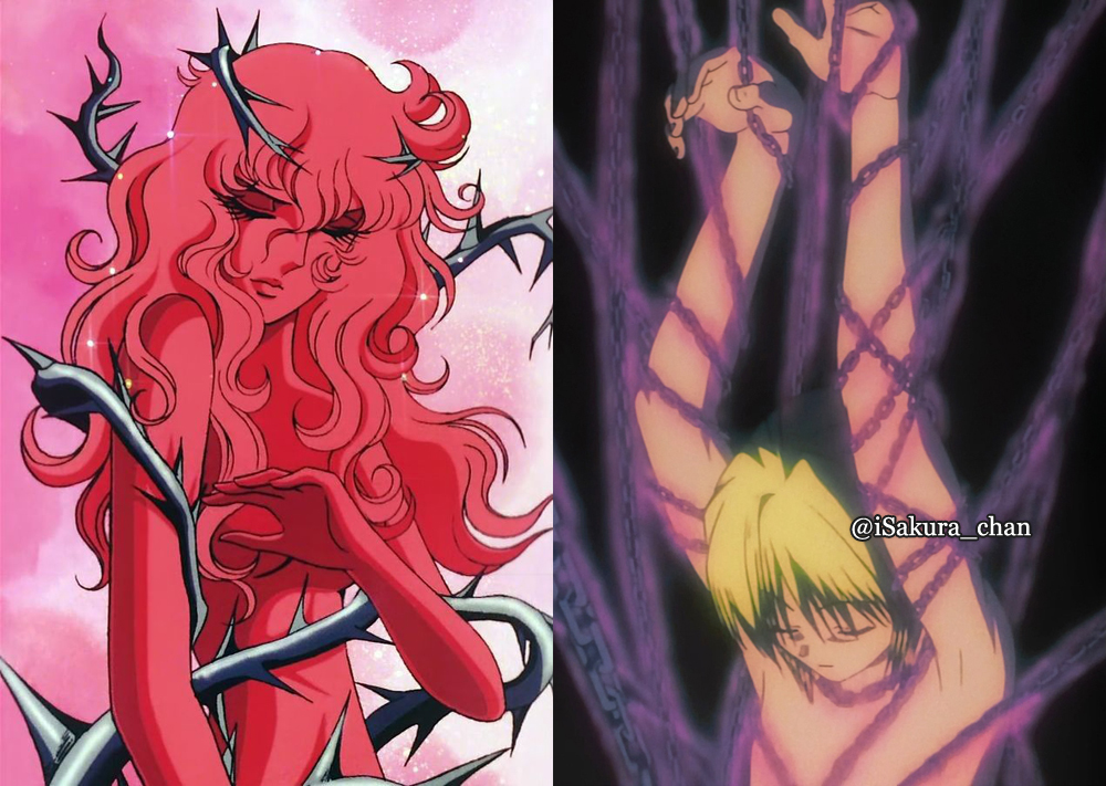 iSakura_chan's tweet image. مشهد كورابيكا الذي تلتف حوله السلاسل مستوحى من مشهد أوسكار في شارة "زهرة فرساي"✨

تعليق مشرف الرسوم "تاكايوكي غوتو":

المشهد الذي إفتتحت فيه الحلقة 45 عندما كان كورابيكا يتمتم:
"أريد القوة. القوة التي تمكّنني من إبقاء أرواح أولئك الأوغاد الهائمين الذين يعيثون فساداً في هذا…