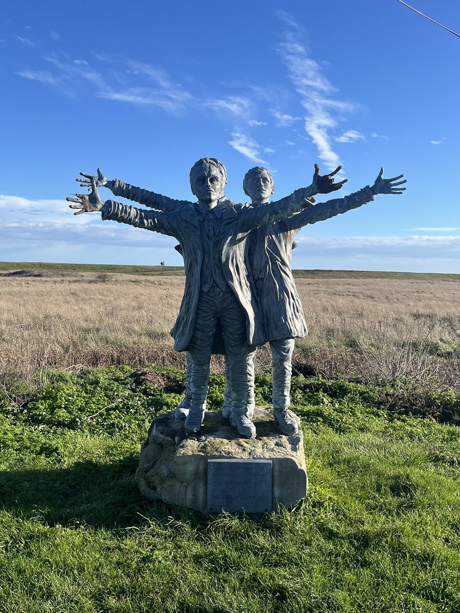 TerryPage1965's tweet photo. Parkrun on the Isle of Sheppey, popped along to Leysdown &amp; found this statue of the Short brothers! Aviation pioneers apparently! My picture is rubbish as there is three of them not two!! 🤣 #historee https://t.co/EKf1Bf1pTo