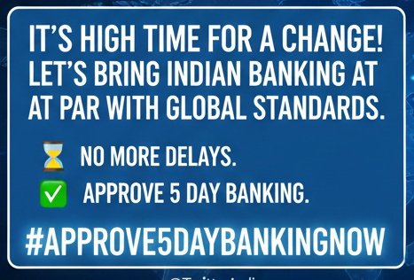 Gr_Lodha's tweet photo. It’s high time for a change! Let’s bring Indian banking at par with global standards.
⏳ No more delays.
✅ Approve 5 Day Banking.
#Approve5DayBankingNow @TwitterIndia @PMOIndia @FinMinIndia @RBI @idesibanda https://t.co/0L0BCUO1CJ