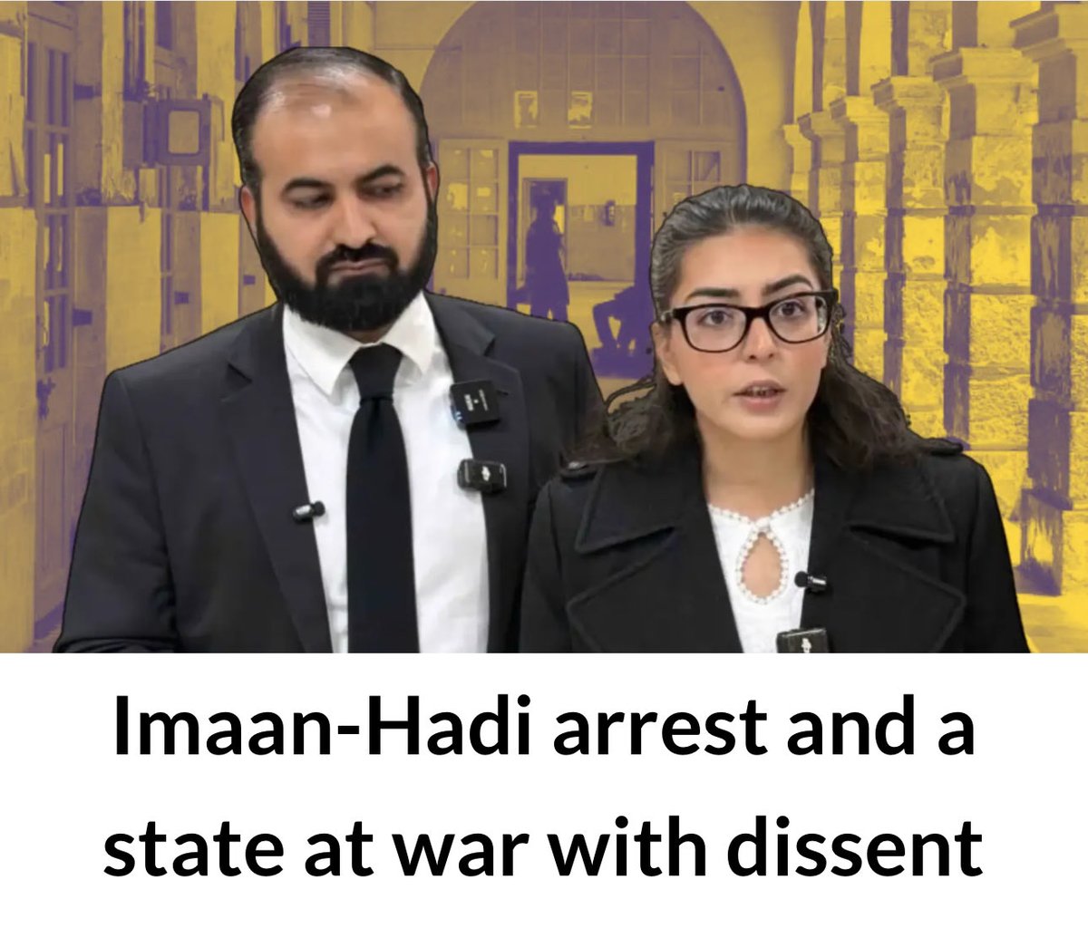 RidaHosain's tweet photo. Imaan and Hadi’s arrest: a state at war with dissent. 

Today’s piece for Dawn: https://t.co/H7DLCV0qmB https://t.co/QxBDs4dSfH