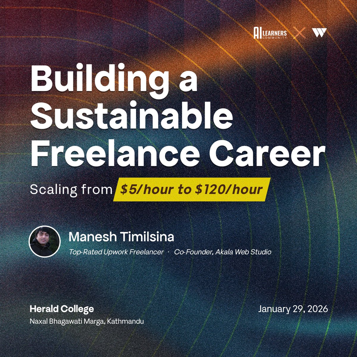 TKK #31: Building a Sustainable Freelance Career (Scaling from $5/hour to $120/hour)

📅 Thursday, Jan 29; 5 pm
📍 Herald College, ktm
RSVP: luma.com/llgp6hsn

Manesh Timilsina is a Top-Rated Upwork Freelancer, Certified Codeable Expert, and the co-founder of Akala Web