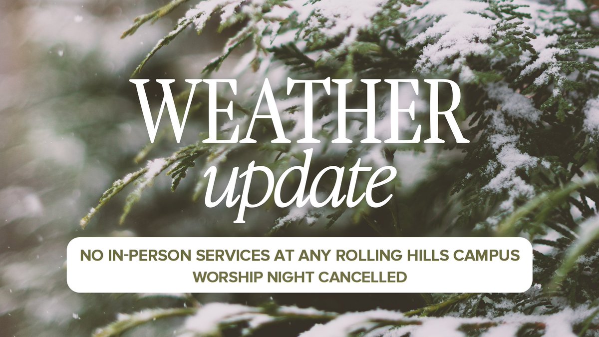 rhcc's tweet image. ONLINE ONLY - SUNDAY, 1.25.26 

Because of the weather, our in-person services at all campuses &amp;amp; Worship Night are taking a cozy snow day this Sunday to keep our Core Team, church family, and guests safe.

Join us online at 8:00am, 9:30am, or 11:00am at rollinghills.church/live.