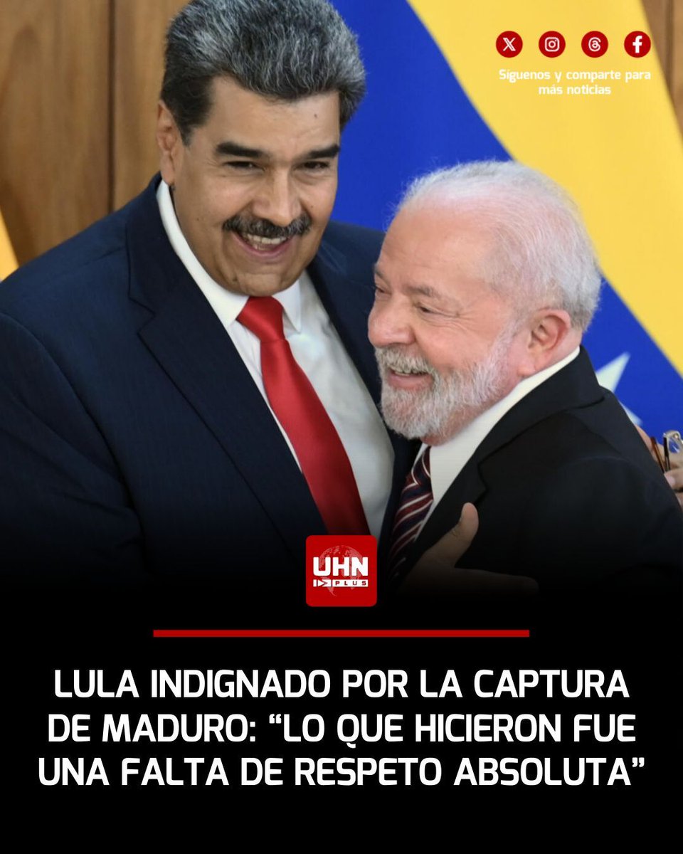 🇧🇷🇻🇪🇺🇸‼️ | En un acto lamentable, el presidente socialista Lula expresó su extrema indignación por la captura del ex dictador Nicolás Maduro y su esposa: "Pasé toda la noche indignado por lo que pasó en Venezuela. No lo puedo creer. Esos tipos entraron en Venezuela, fueron al