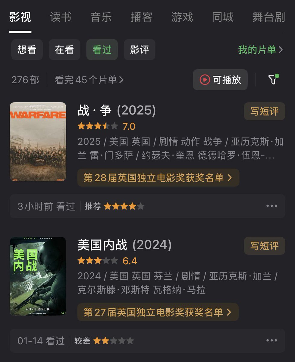 Warfare》的观感给我很像是把《美国内战》稀烂的剧本扔进垃圾桶，然后结尾包围白宫的战役拍了九十分钟（看完才发现是一个导演拍的，所以好像也说得过去😇