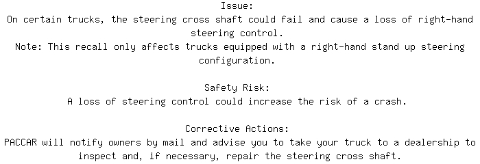 CanadianRecalls's tweet image. Safety Recall for 2025 PETERBILT 520 Steering. Approx. 24 units affected.