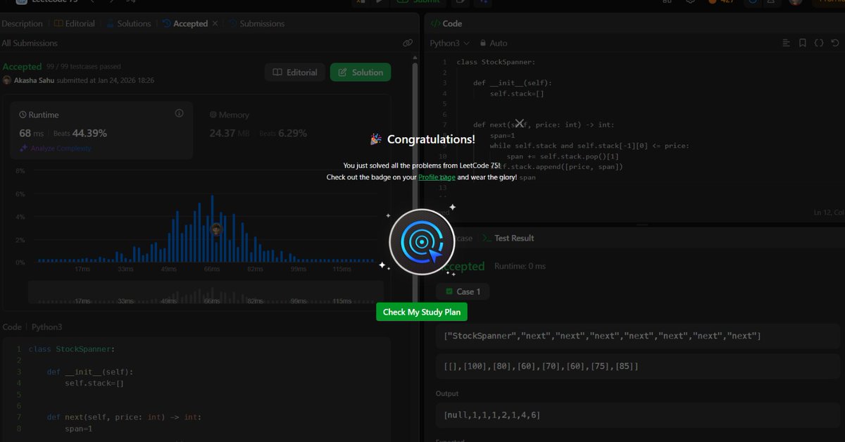 akashasahu07's tweet photo. Completed LeetCode 75 💻🏆
Grateful for the grind &amp; the learnings 🙏

#LeetCode75 #GratefulToLeetCode #DSA 🚀 https://t.co/V9t9JLrptL