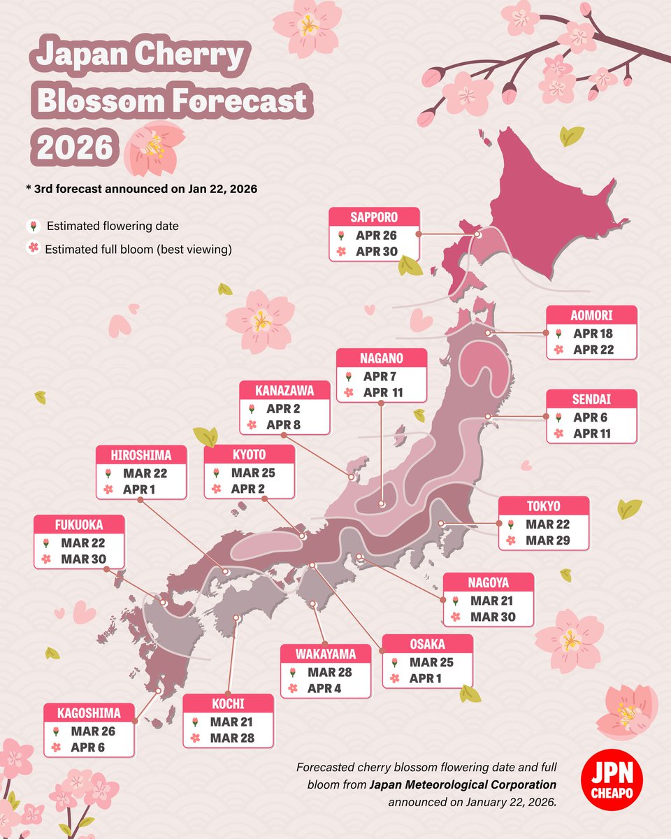 RonallChersan's tweet image. 🌸พยากรณ์ซากุระครั้งที่สามสำหรับฤดูกาล 2026 มาแล้ว มีการเปลี่ยนแปลงจากเดิม

🗾โตเกียวคาดว่าจะเริ่มบานช้ากว่าเดิมเล็กน้อย คือในวันที่ 22 มีนาคม และบานเต็มที่ในวันที่ 29 มีนาคม

ส่วนเกียวโตยังคงเหมือนเดิม คือจะเริ่มบานประมาณวันที่ 25 มีนาคม และบานเต็มที่ในวันที่ 2 เมษายน