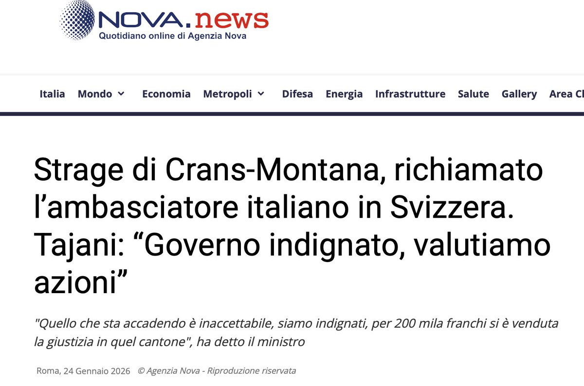Il Governo ha richiamato l'ambasciatore italiano in Svizzera, come conseguenza dell'indignazione per la scarcerazione dietro cauzione di Moretti, accusato per l'incendio di Crans-Montana.

La cauzione è prevista dall'ordinamento svizzero in presenza di alcuni presupposti, che i