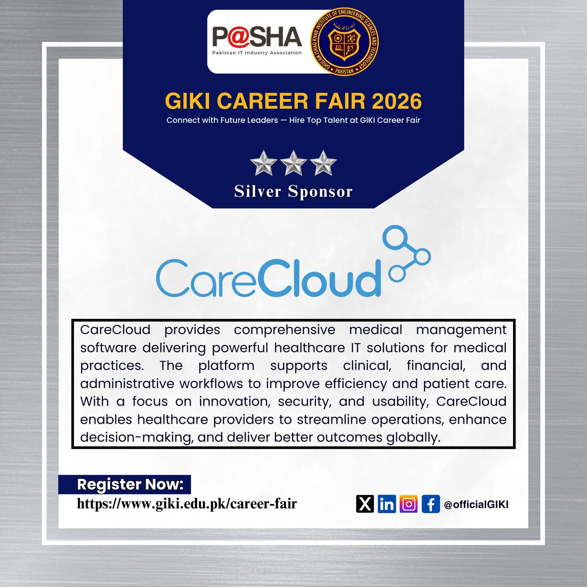 We are pleased to welcome CareCloud as a Silver sponsor for the GIKI Career Fair 2026.

Secure your spot today: giki.edu.pk/career-fair
<a href="/CareCloud/">CareCloud</a> 
#CareerFair #TalentAcquisition #Hiring #GIKI #Recruitment