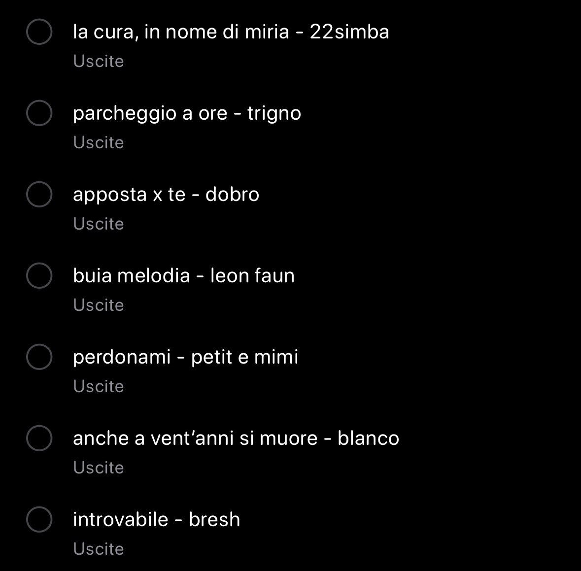 Music Analysis/Opinion Saturday

- 22simba (P: 7.5 0: 8.5)
- trigno (P: 8 0: 8)
- dobro (P: 6.5 0: 7)
- leon faun (P: 10 O: 9)
- petit e mimi (P: 8.5 O: 9)
- blanco (P: 7.5 0: 8)
- bresh (P: 8.5 0: 9)

p.s. (voto copertine nel prossimo post)