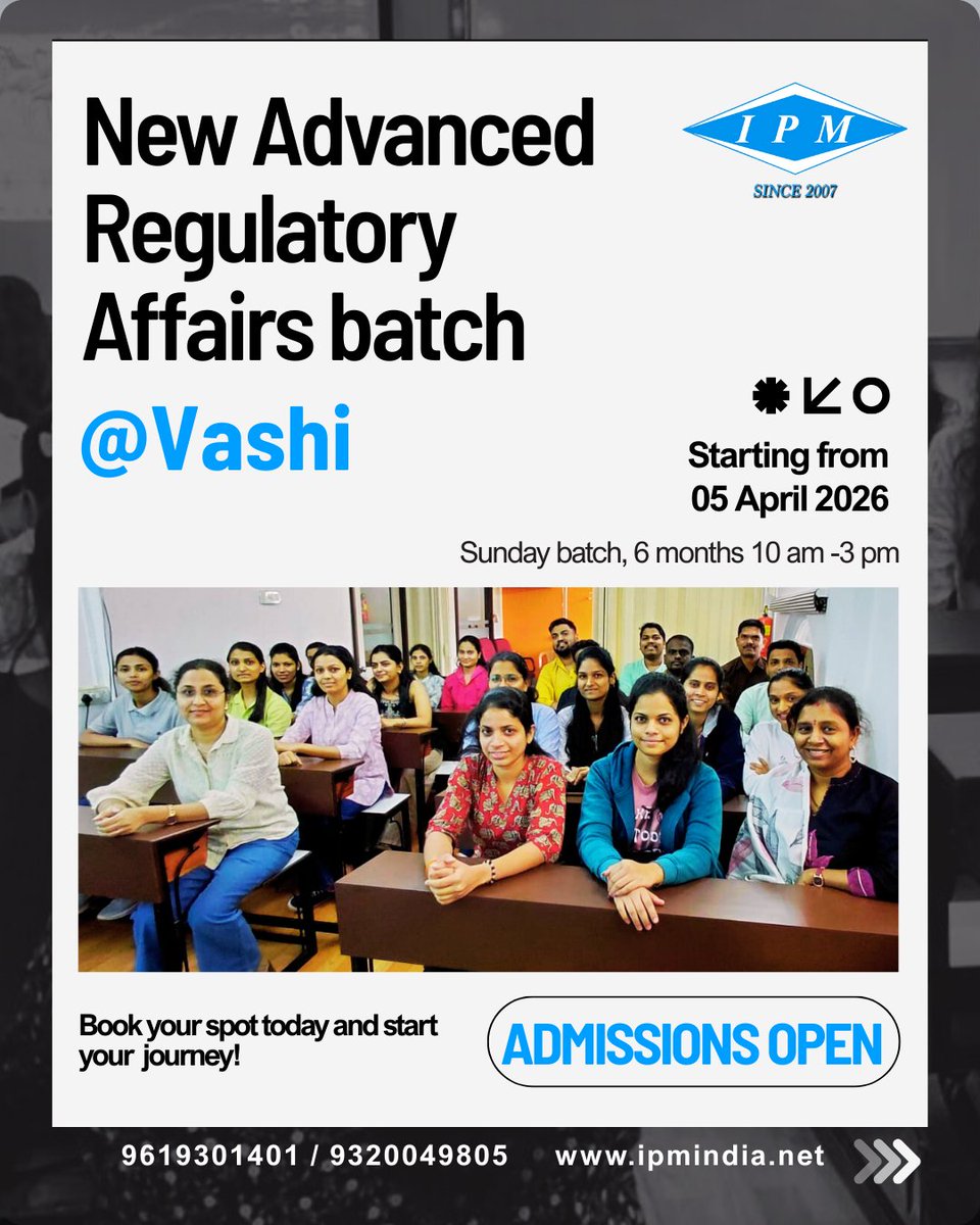 ipmmumbai's tweet photo. 🎓 88th RA Batch at IPM, Vashi – starts 05 April 2026!
Admissions Open…
📞 Call: 9320049805 / 9821696295
🏢 Spot admissions at our Vashi training centre on Sundays between 10 to 12:30 pm 

*IPM Team✨*
Training Future Regulatory Experts Since 2007 https://t.co/em7DofQsVp