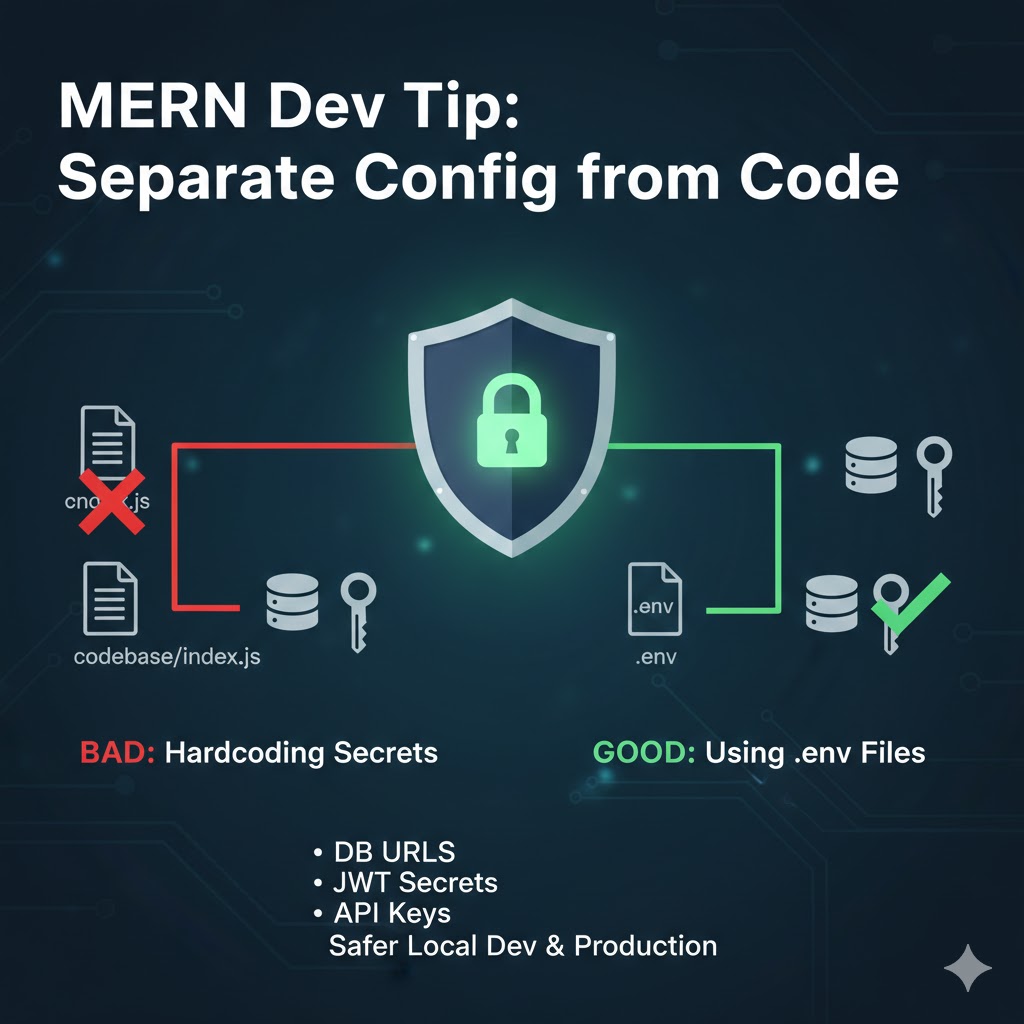 adarshkusingh's tweet image. MERN Dev Tip
Always separate config from code.
Use env files for DB URLs, JWT secrets, and API keys.
Makes local dev and production much safer.