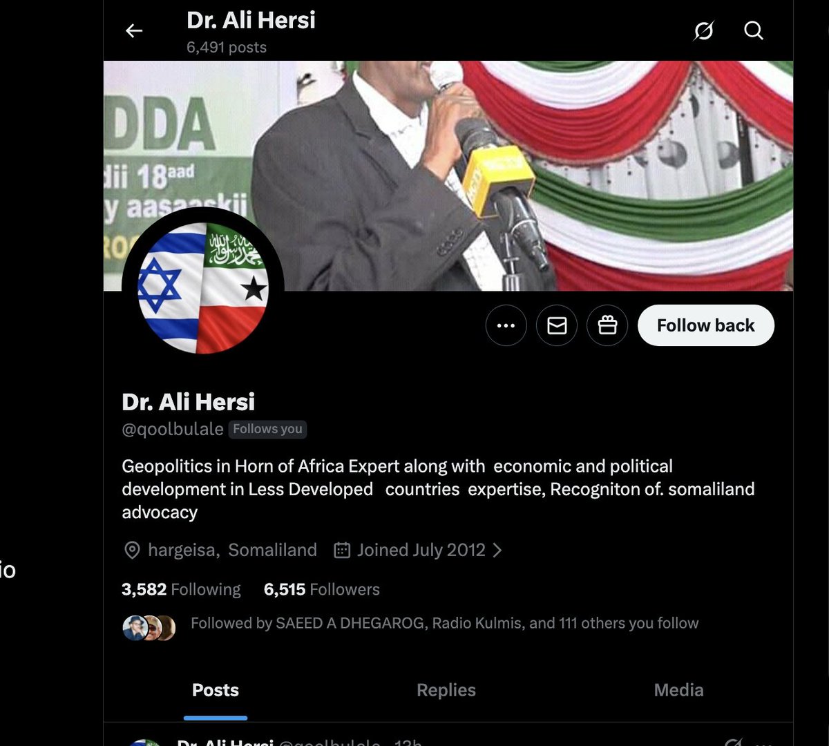 Dear Somalilanders, friends, please unfollow <a href="/qoolbulale/">Dr. Ali Hersi</a> a dubious account claiming to belong a "Dr Ali Hersi"

This account, allegedly owned by a Somaliland recognition advocate, consistently churns out unverified, false and misleading information.

The account is giving