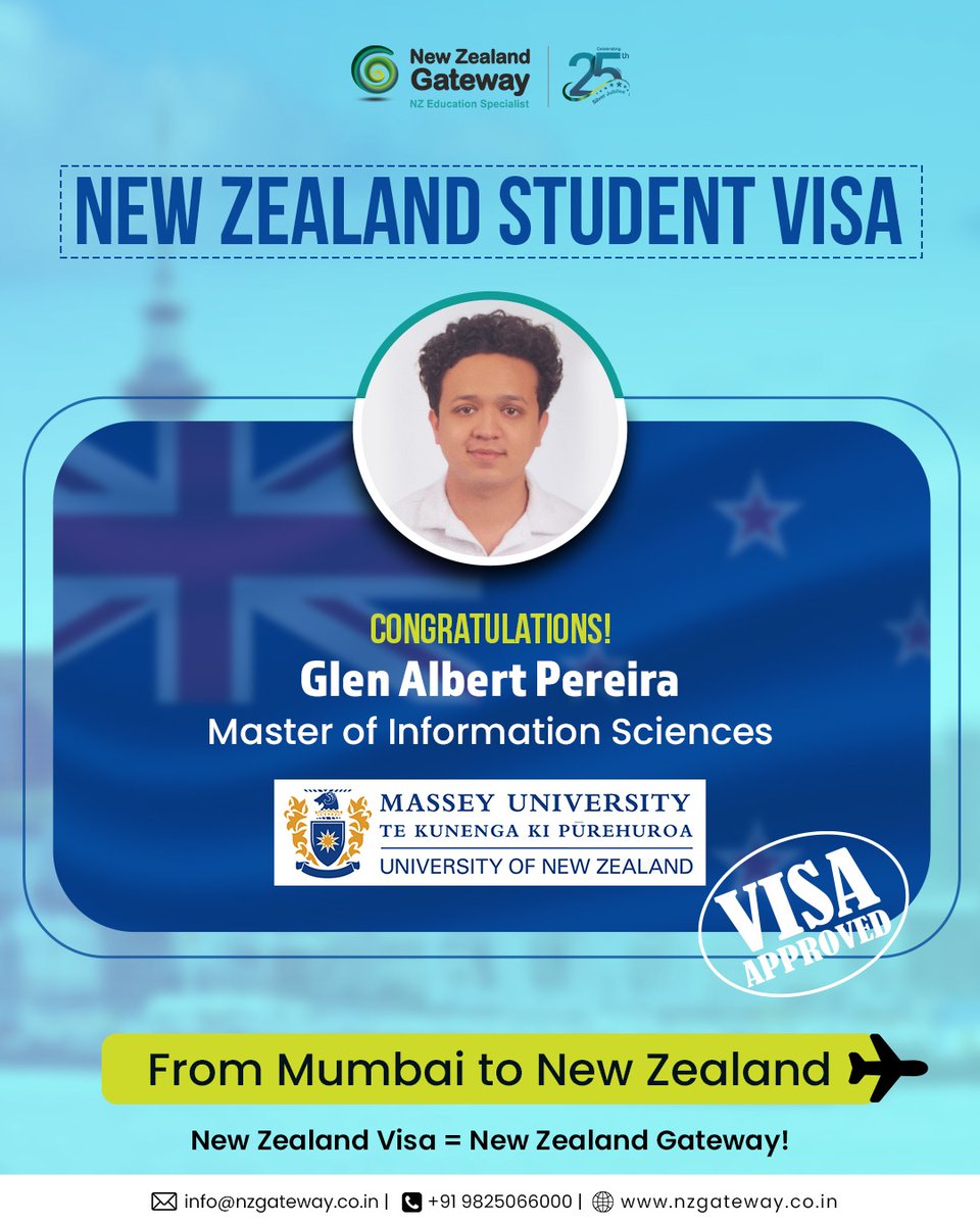 NZGateway's tweet photo. From US Refusal to New Zealand Approval! 🇳🇿🎓

After a US student visa refusal in 2025, Glen Albert Pereira from Mumbai trusted NZ Gateway to reassess his profile and rebuild his study abroad plan the right way. 

One journey begins, one future unlocked. 🔥

#StudyinNewZealand https://t.co/cxKkeec6iQ
