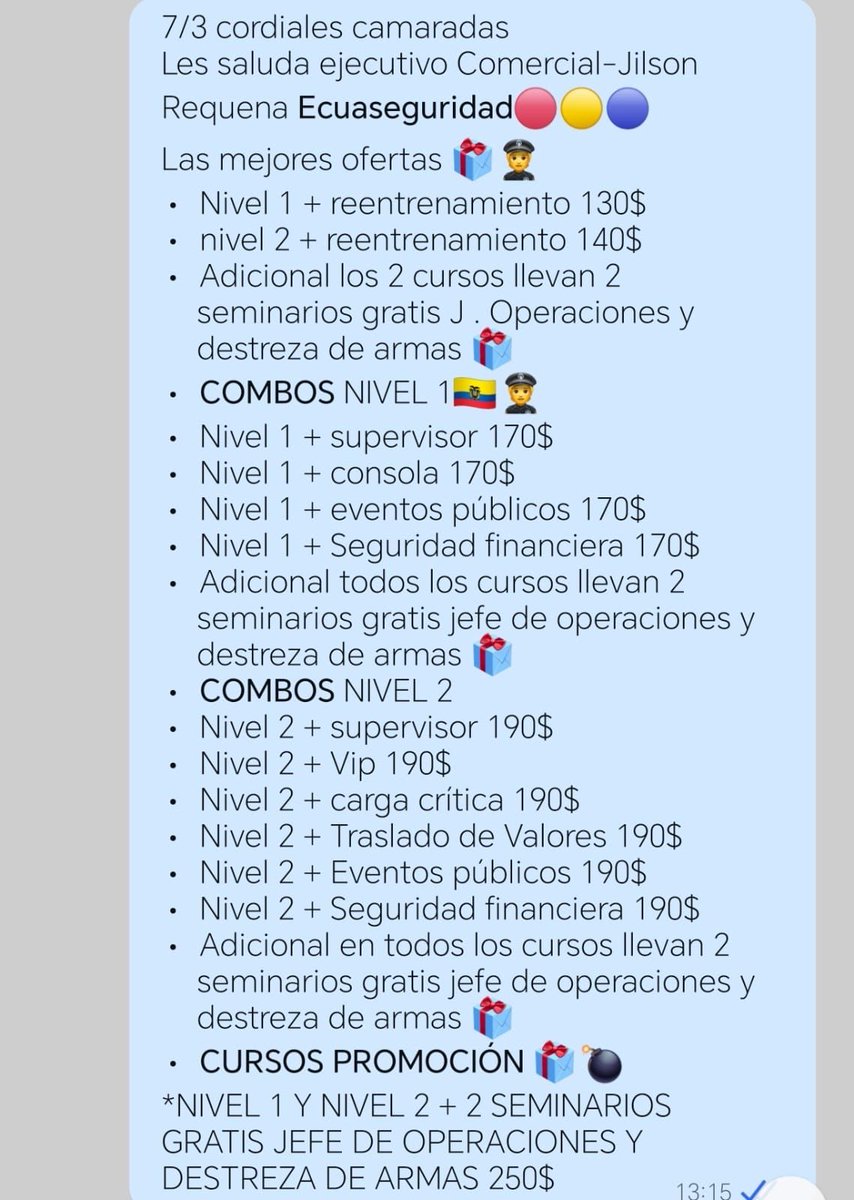 🚨Los centros d formación hacen lo q les da la gana
Existe circular d cumplimiento obligatorio d tarifas q NO CUMPLEN 
👉La formación del guardia👮‍♀️, d quien tiene una alta responsabilidad d cuidar y proteger reducido a un mercado d baratijas🆘
<a href="/MinInteriorEc/">Ministerio del Interior Ecuador 🇪🇨</a> 
<a href="/JohnReimberg/">John Reimberg</a>