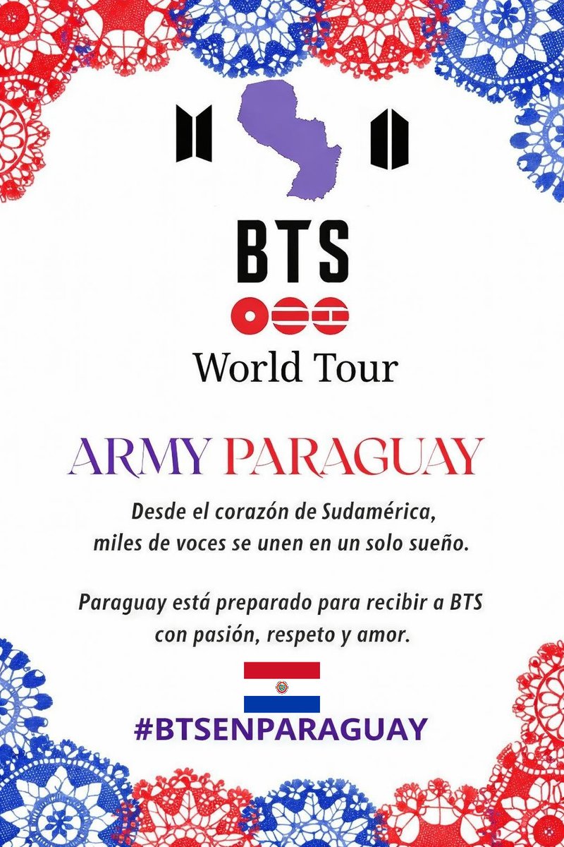 7soul_map's tweet photo. Paraguay manifiesta su interés en recibir a BTS 🇵🇾💜
Nuestro país cuenta con una identidad cultural fuerte, capacidad para eventos internacionales
y un ARMY con un sueño en común.

#BTSENPARAGUAY 
@Senatur_Py
@EmbaparCorea
@BIGHIT_MUSIC @bts_bighit
#BTSComeback2026 #BTSARMY #BTS https://t.co/1LMWA8JM64