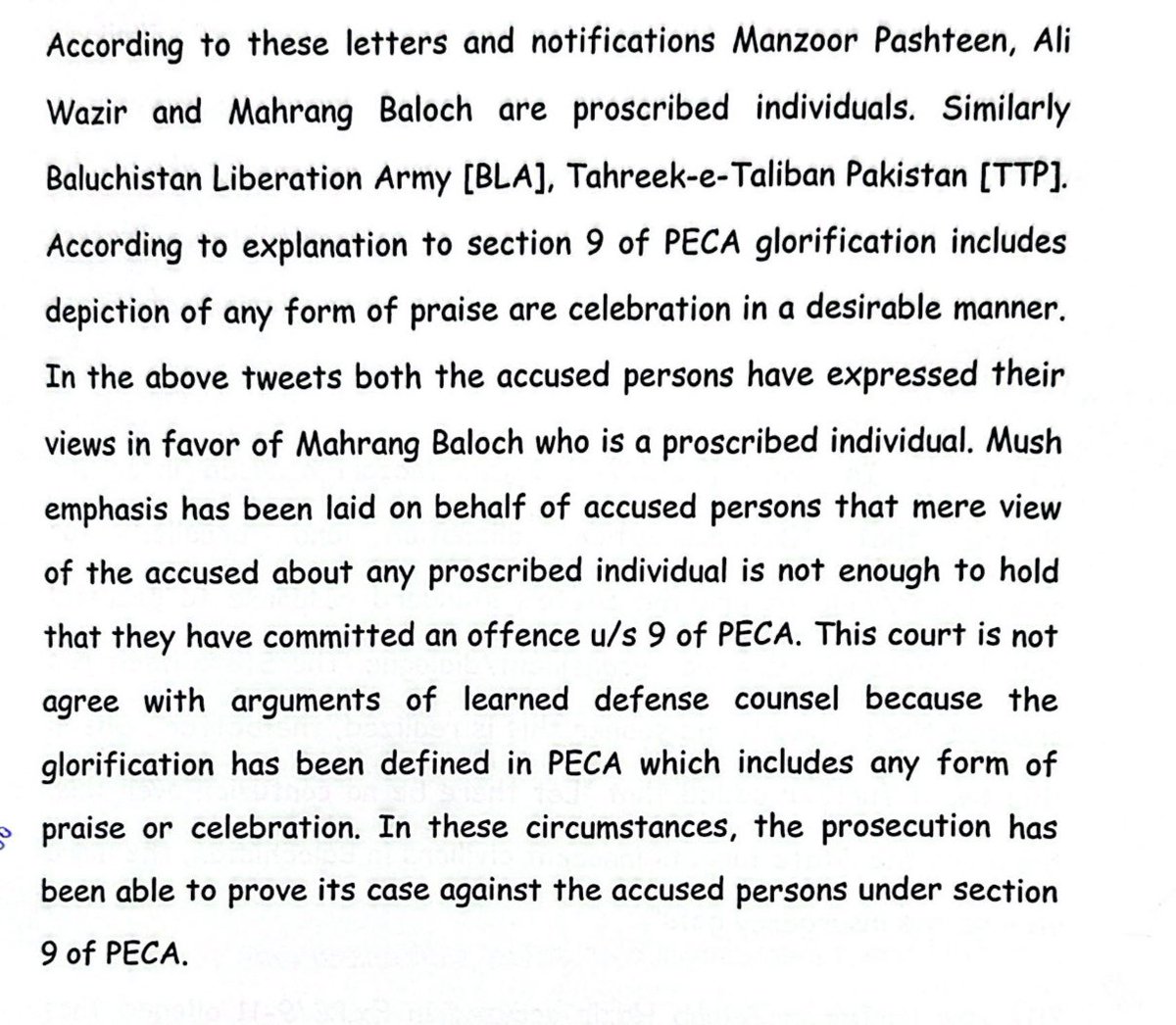 reema_omer's tweet photo. The judgment against Imaan and Hadi is appalling and should be of concern for anyone who believes in dissent and the freedom of expression 

They have been convicted under S.9 of PECA for posting and reposting tweets “in favour” of Mahrang Baloch, who is a “proscribed individual” 

Similarly, any person who tweets “in favour” of Ali Wazir or Manzoor Pashteen can be convicted and sentenced to up to 7 years imprisonment, as they too are “proscribed individuals”