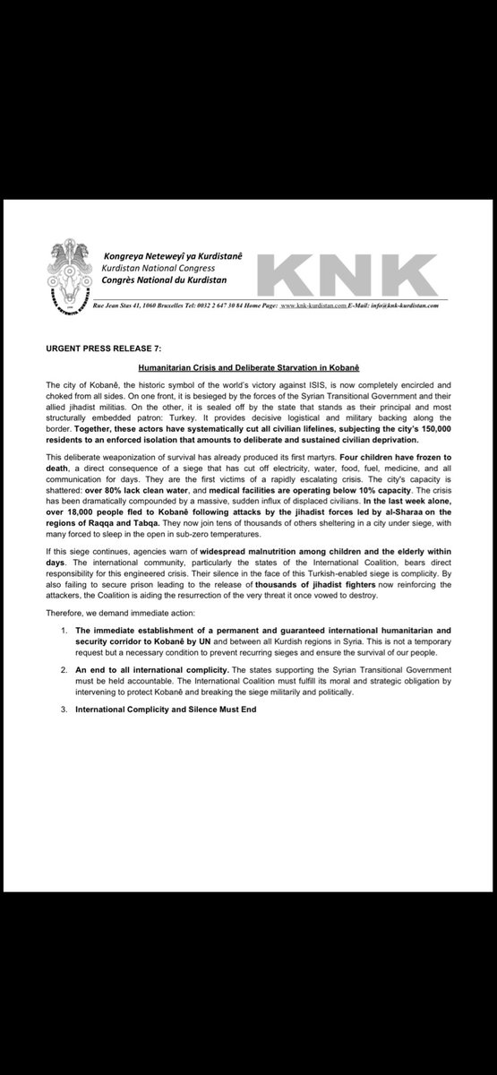 Urgent 
Humanitarian Crisis and Deliberate Starvation in #Kobanê

The immediate establishment of a PERMANENT and guaranteed international humanitarian and security corridor to Kobanê by UN and between all Kurdish regions in Syria. 
#DefendRojava #KobaneUnderSiege