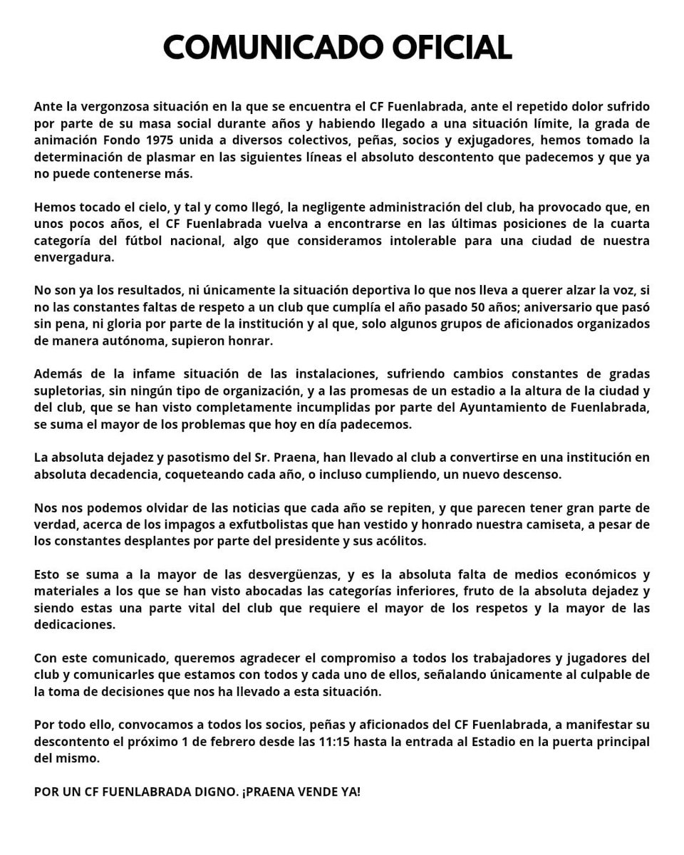Por un Fuenla limpio, por un Fuenla decente para la afición, es hora de que toda la afición demuestre de verdad el ORGULLO Y LA HUMILDAD, el Fuenla es su gente. <a href="/RadioMARCA/">Radio MARCA</a> <a href="/elchiringuitotv/">El Chiringuito TV</a> <a href="/As_TomasRoncero/">Tomás Roncero</a> <a href="/tjcope/">Tiempo de Juego</a> <a href="/telemadrid/">Telemadrid</a> <a href="/lamacope/">Manolo Lama</a> <a href="/DeportesCuatro/">Deportes Cuatro</a> <a href="/GolSinVAR/">⚽GOL SIN VAR ❌🖥️</a> <a href="/Segunda_RFEF_/">Segunda Federación</a>
