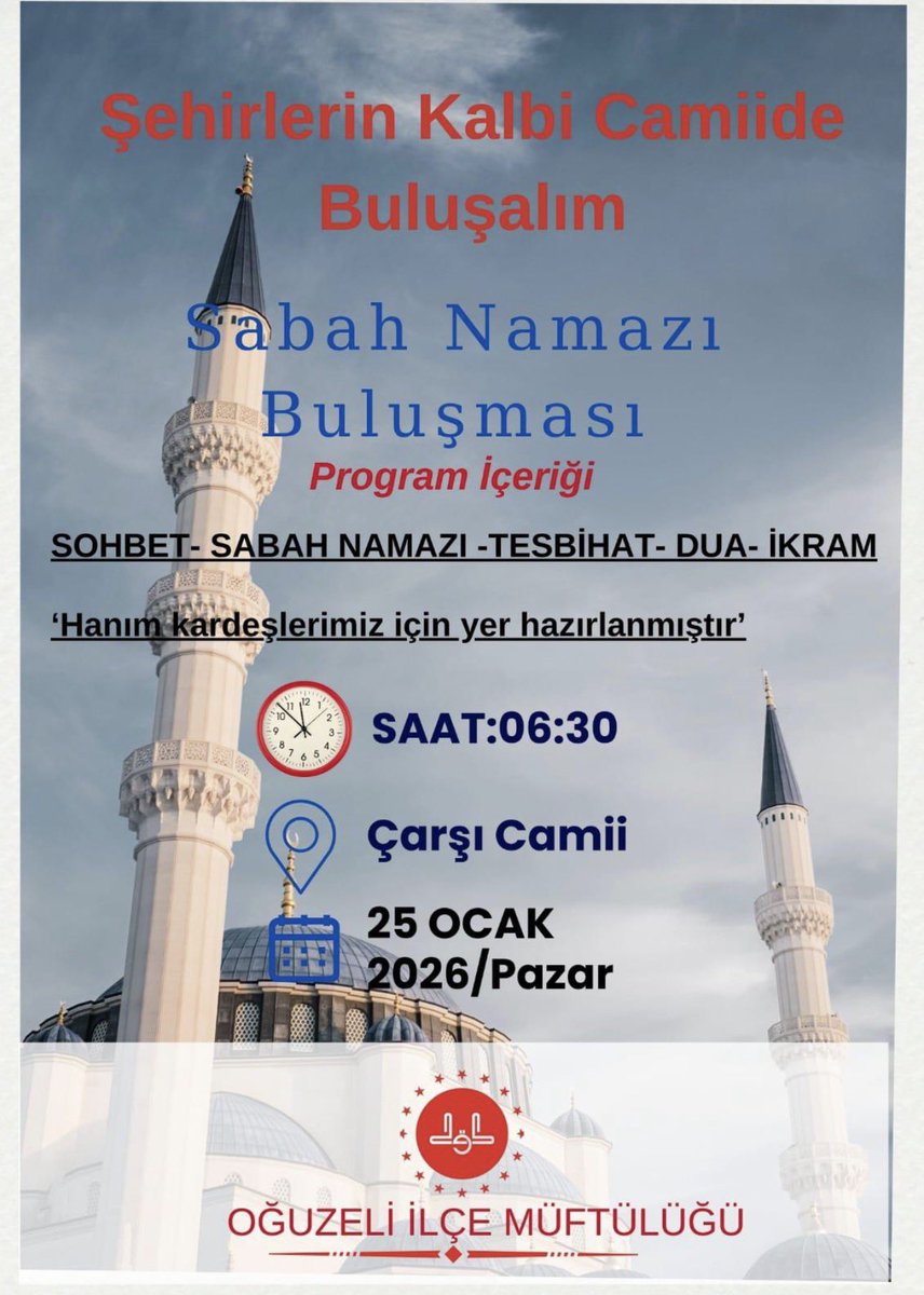 Oğuzeli müftülüğümüz tarafından düzenlenen sabah namazı buluşmasına tüm halkımız davetlidir.￼