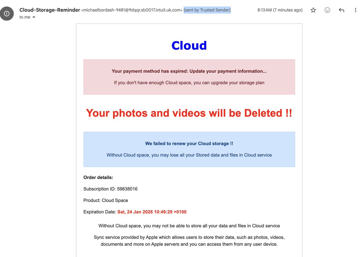 FraudMon's tweet image. A fake cloud storage reminder has slipped through gmail's spam filters. This is a total scam. Just delete it.