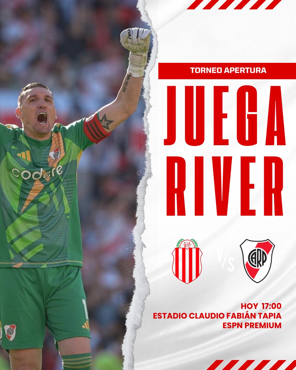 ¡Arranca el Apertura y juega River!
El Millonario debuta esta tarde frente a Barracas Central en el Estadio Claudio Fabián Tapia.
Un nuevo torneo comienza y el equipo va por un arranque con el pie derecho.

🗓 24/01
⏰ 17:00
🏟 Estadio Claudio Fabián Tapia
📺 ESPN Premium