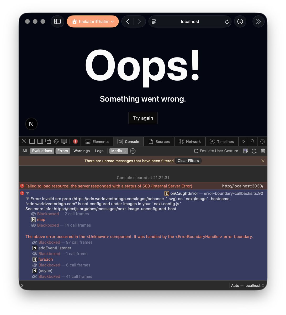 haikel_areff's tweet photo. sumpah nextjs ni overrated sial. catch error dari <unknown>. bila masa pulak aku guna cdn logo behance ni, aku behance pun aku takde. zaman bila pakai cdn serve svg, dulu pakai wordpress pernah la kot https://t.co/yfI6B3IMBu