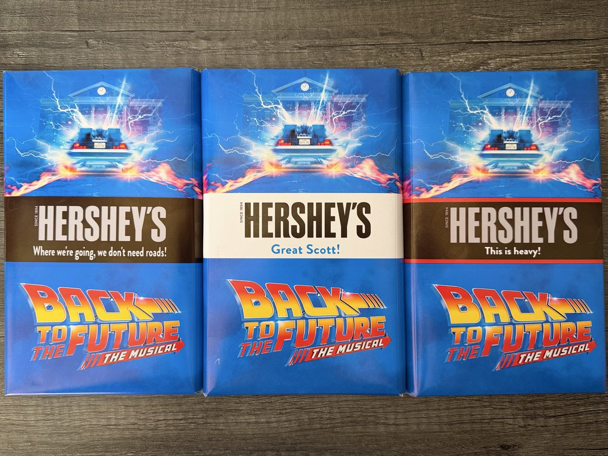 collectbttf's tweet photo. “All the best stuff is made at @hersheys.” Back in 2024 during the incredible run of @bttfbway at the Winter Garden Theatre, you could take a stroll over to the Times Square Hershey’s store and get yourself personalized Back to the Future: The Musical Hershey bars. https://t.co/ZxpscYpdJO