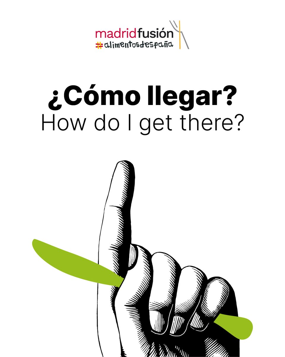 #InfoMadridFusion

🚘 COCHE:
M11 (salidas 5 y 7)
A2 (salida 7)
M49 (salidas 5,6 7)

🚇 METRO LÍNEA 8

🚍 AUTOBÚS - 73, 112, 122, 82

¡Nos vemos en Madrid Fusión Alimentos de España 2026!
#madridfusion #madrid #ifema #madridfusion2026