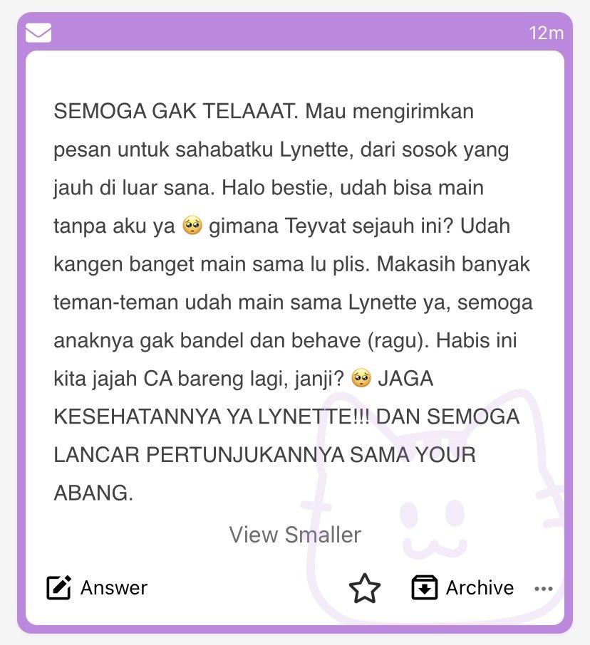 HeadWriothesley's tweet photo. Masih seputar titip salam ya.

Ada salam lagi untuk Lumine dari “M”, penulis Kaveh yang menang HD, dari sahabat Lynette yang jauh di luar sana, dan terakhir untuk Hu Tao dari tau lah siapa. #YTTA https://t.co/CY14sCHlUJ