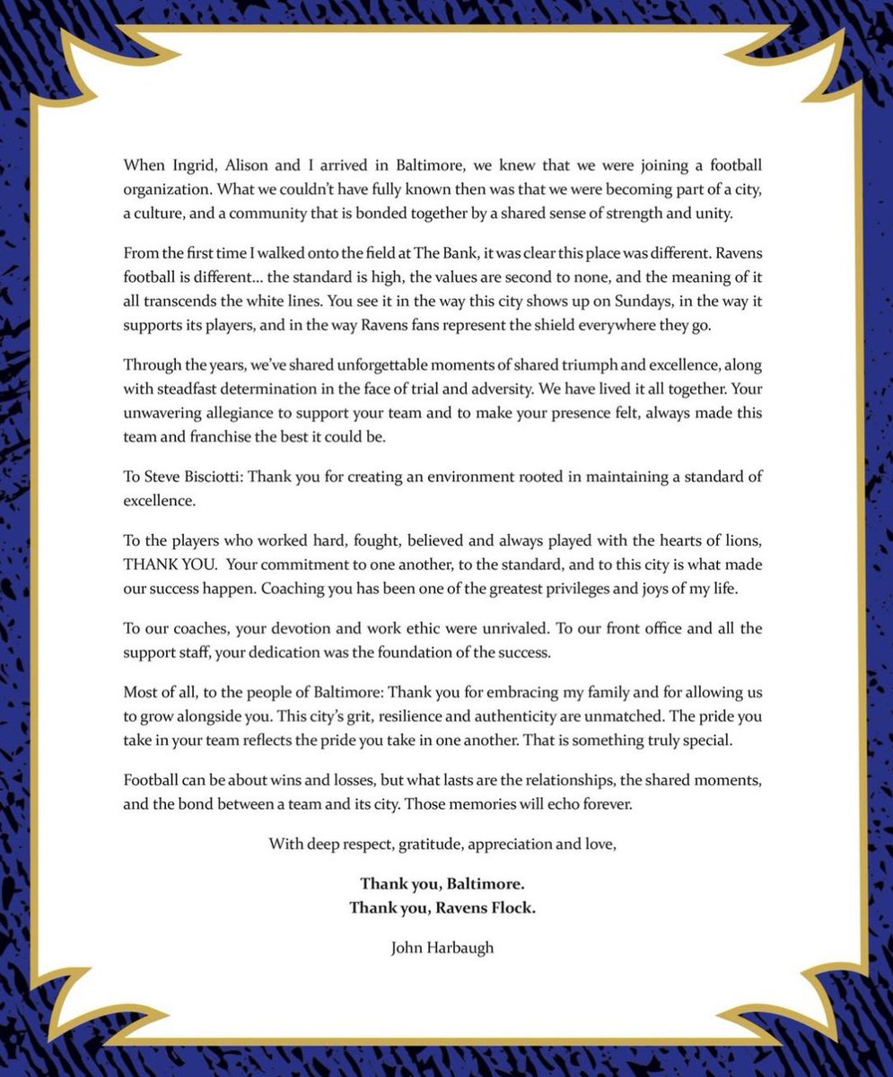 brianwacker1's tweet image. Former #Ravens coach John Harbaugh took out a full page ad in today’s Baltimore Sun thanking fans and the city