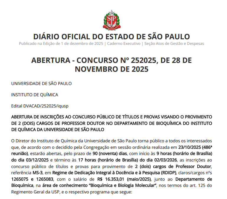 Novo formato de concurso na USP.

1. Eliminaram a prova escrita. Agora a primeira fase do concurso é análise de um projeto acadêmico de até 10 páginas descrevendo atividades de ensino, pesquisa e extensão;

2. A segunda fase é dada por julgamento do memorial (peso 1) + prova