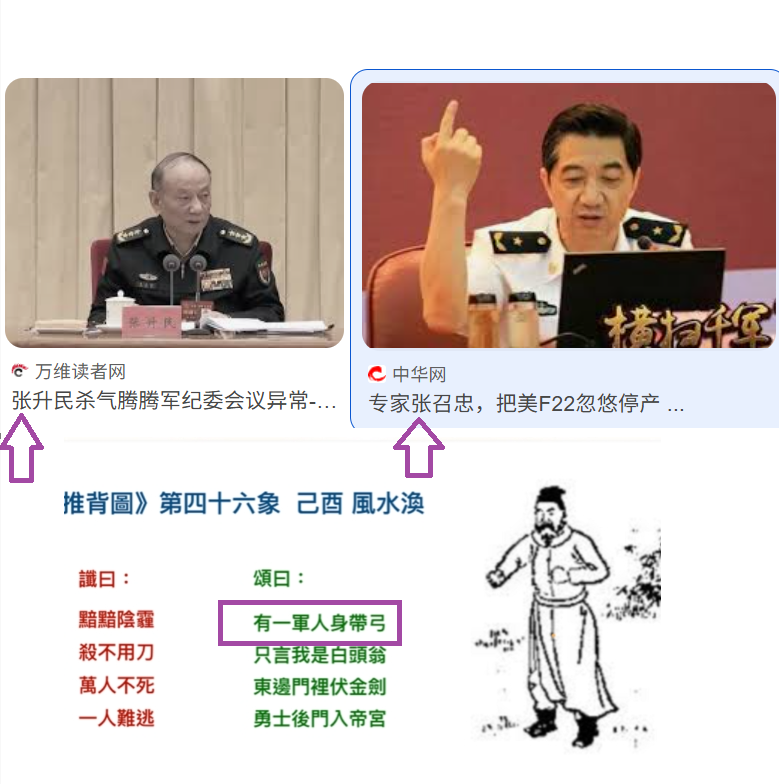 lenscn's tweet photo. 这推背图简直是摧命符，姓张的将军们人人自危...
总政主任张阳上将几年前被查自杀；
张又侠副主席又被抓了。
看来，“军人身带弓”指的是张升民？
总不可能是嘴炮将军张召忠吧😃