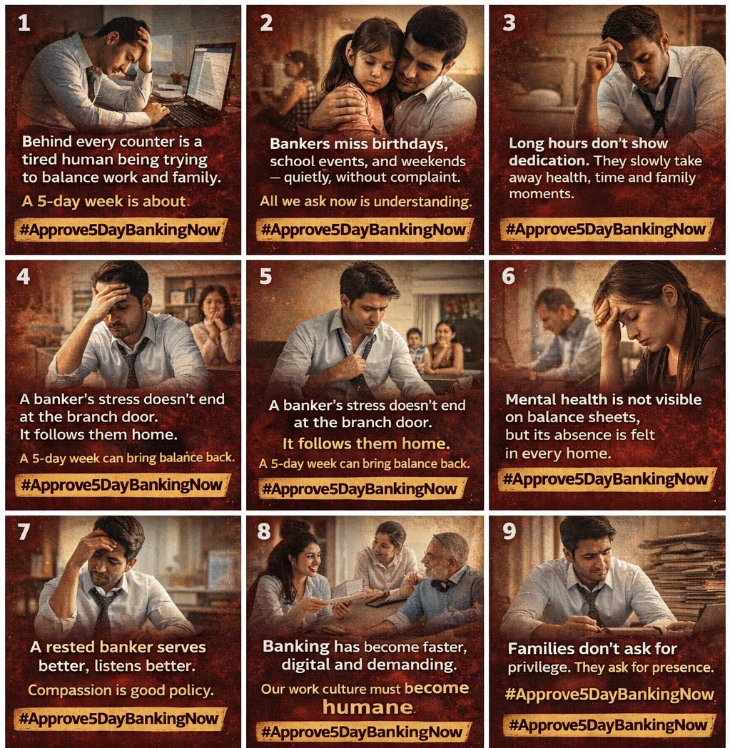 Bankers don’t just count money.
They count the moments they miss.
Birthdays spent at branches.
Weekends lost to deadlines.
Family time postponed again and again.This is not about working less.
It’s about living a little more.

#Approve5DayBankingNow <a href="/DFS_India/">DFS</a>  <a href="/PTI_News/">Press Trust of India</a> <a href="/aajtak/">AajTak</a>