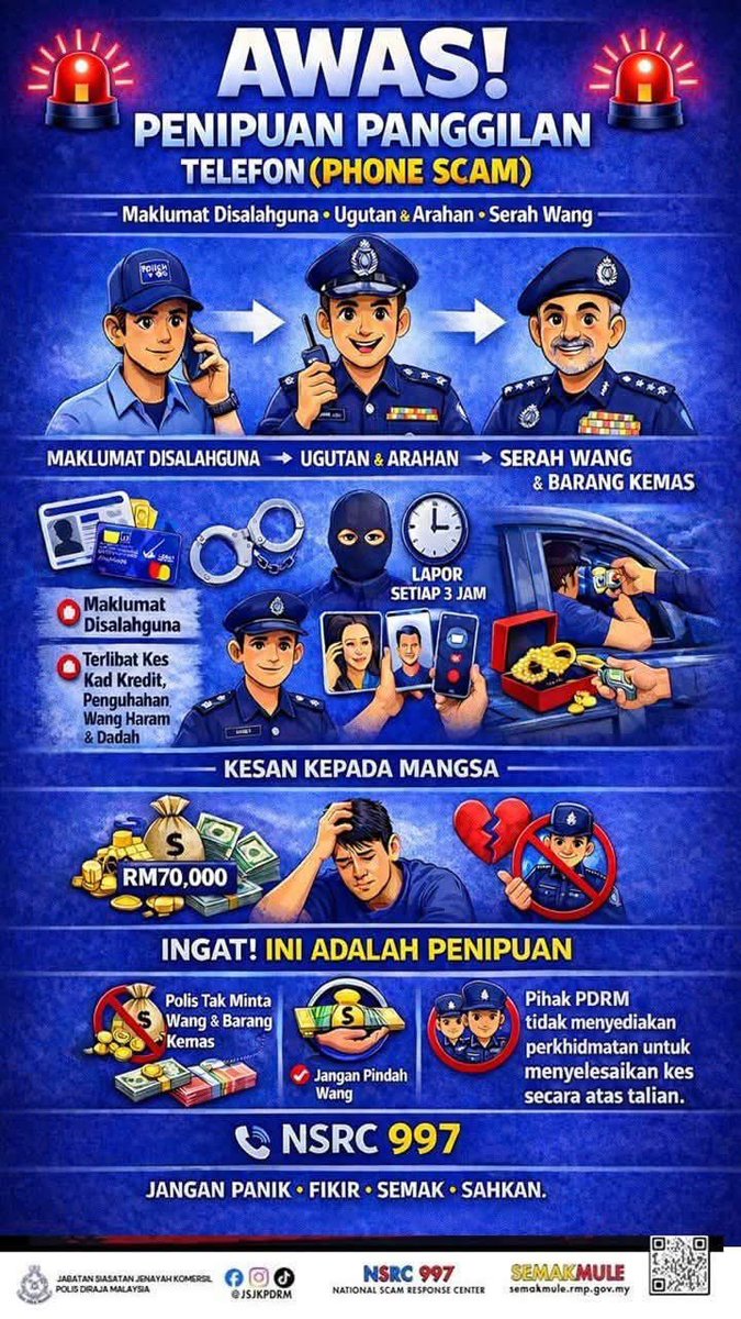 PDRMsia's tweet photo. #BeSmartStayAlert
#LetsFightScammerTogether

[POSTING PILIHAN] SCAM ALERT: AWAS PENIPUAN PANGGILAN TELEFON!

Bacaan lanjut seperti di pautan berikut, 
https://t.co/A430uMqn8m

Sumber: Jabatan Siasatan Jenayah Komersil - JSJK PDRM https://t.co/HTeFsxl02c