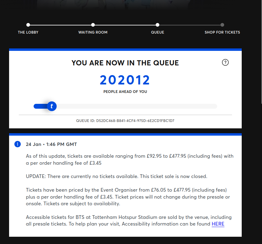 labnobart's tweet photo. BTS London tickets are all sold out. This is official message from Ticketmaster. Really sorry for those who didn't secure their tickets

#BTS_WORLDTOUR #ticketmaster #BTS #London #Tottenham #TottenhamHotspur #BTS_WORLDTOUR_ARIRANG https://t.co/mp3z327iKJ