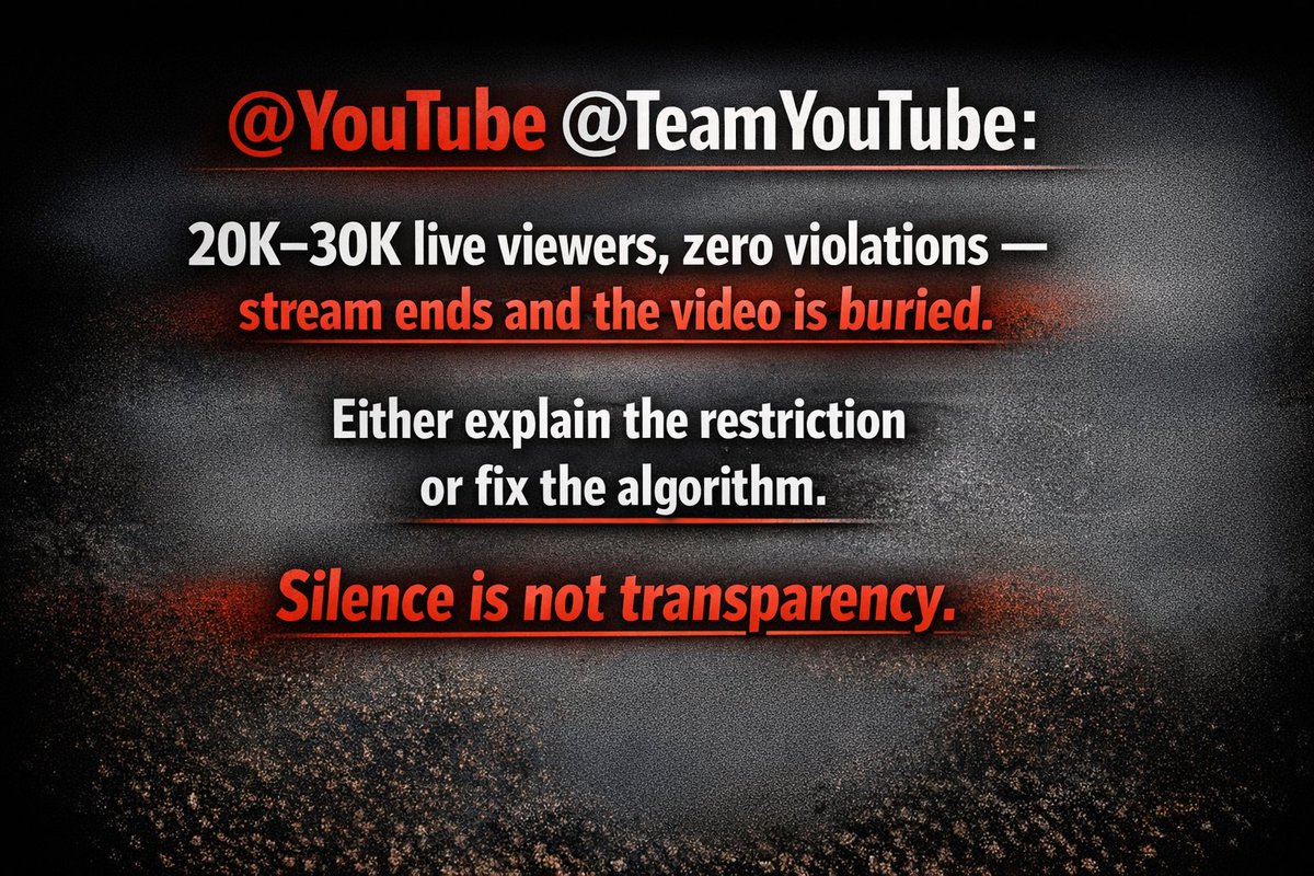 20K–30K live viewers, zero violations — stream ends and the video is buried. Either explain the restriction or fix the algorithm. Silence is not transparency.
<a href="/YouTube/">YouTube</a> <a href="/TeamYouTube/">TeamYouTube</a>
