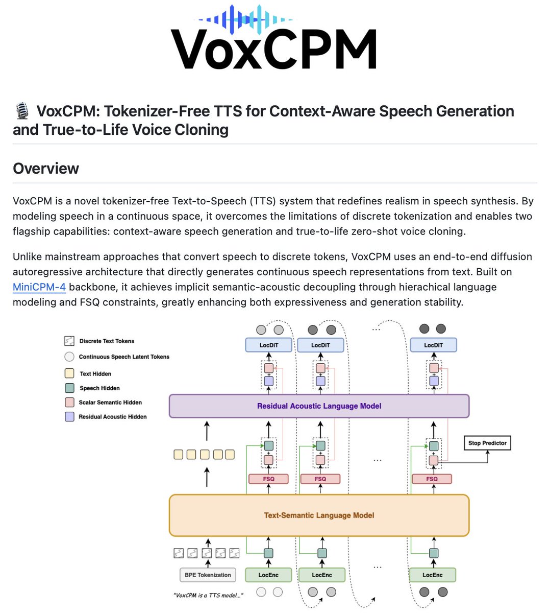 Sumanth_077's tweet image. This is huge!!

You can now clone a human voice in real time without tokenization.

VoxCPM is an open-source text-to-speech system that models speech in continuous space instead of discrete tokens.

Most TTS systems convert speech to discrete tokens before generation. This