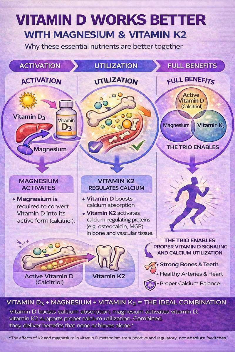 Vitamin D, like all vitamins, does not work in isolation.

Vitamin D must be activated and regulated to work properly. That process depends on magnesium and vitamin K2, which act as essential cofactors in vitamin D metabolism and calcium handling.

Here’s the simplified biology: