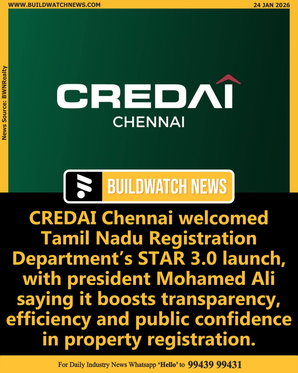 BuildWatchNEWS's tweet image. CREDAI Chennai Welcomes STAR 3.0 Launch

🔗Read more: buildwatchnews.com/credai-chennai…

#CREDAIChennai #STAR3Point0 #RealEstateReforms #SustainableHousing #UrbanDevelopment #GreenBuildings #TamilNaduRealEstate